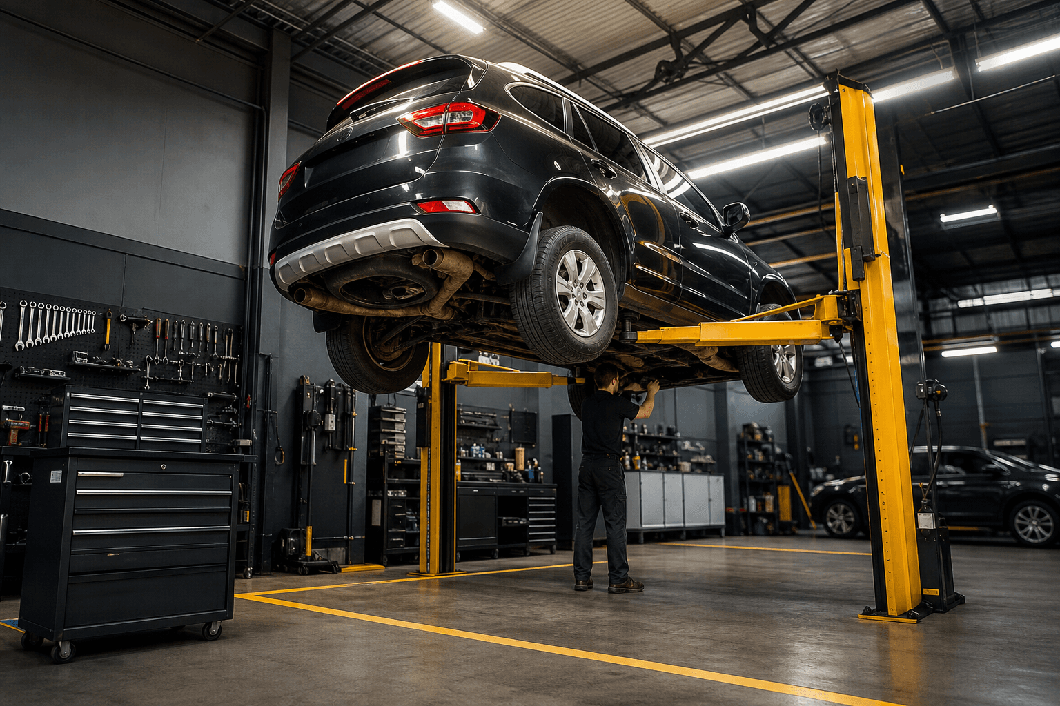 Carro elevado em oficina para revisão de suspensão e freios
