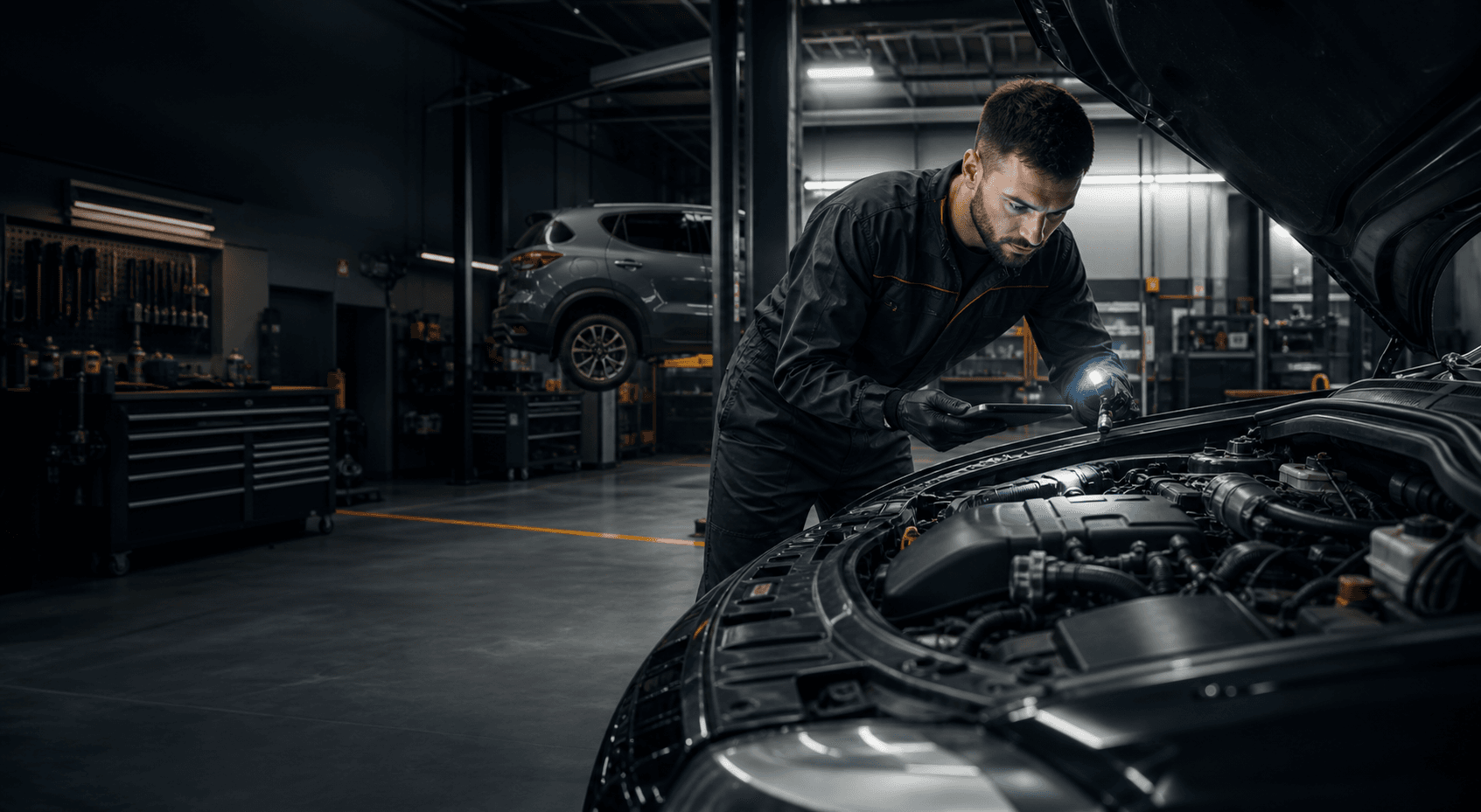 Mecânico analisando motor com capô aberto em oficina profissional