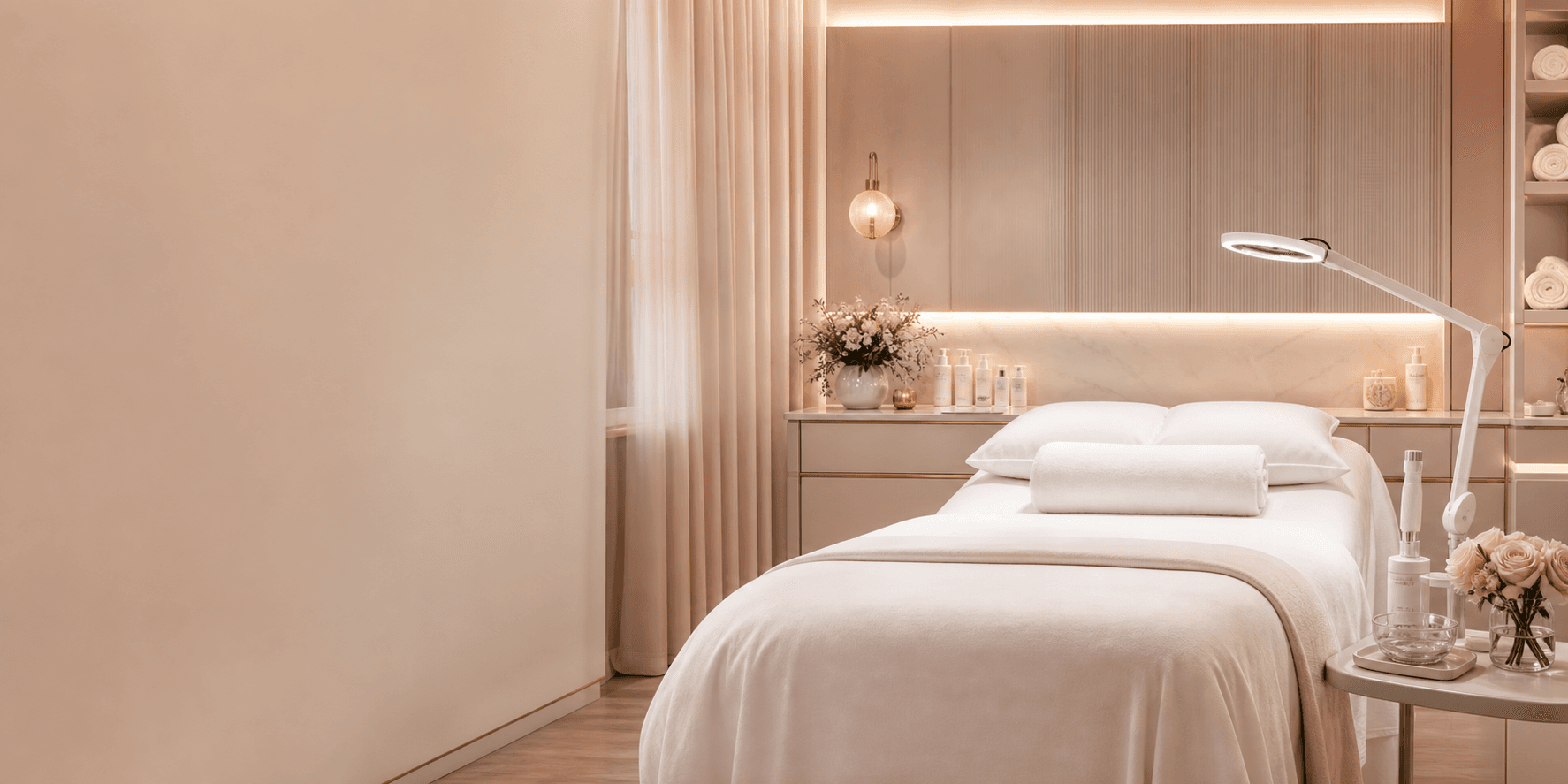 Sala premium de clínica estética com maca, toalhas e iluminação suave